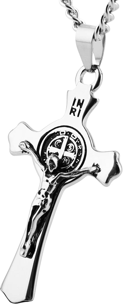 Stainless Steel Saint Benedict Crucifix Cross Pendant Necklace for Men or Women Retro Religious Christian Faith Cross Necklace