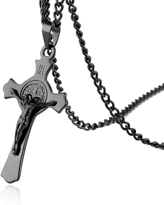 Stainless Steel Saint Benedict Crucifix Cross Pendant Necklace for Men or Women Retro Religious Christian Faith Cross Necklace