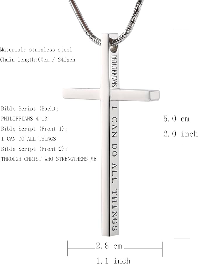 Philippians 4:13 Cross Pendant STRENGTH Bible Verse Stainless Steel Necklace