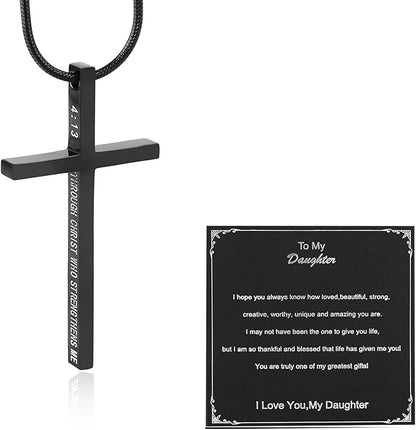 Philippians 4:13 Cross Pendant STRENGTH Bible Verse Stainless Steel Necklace