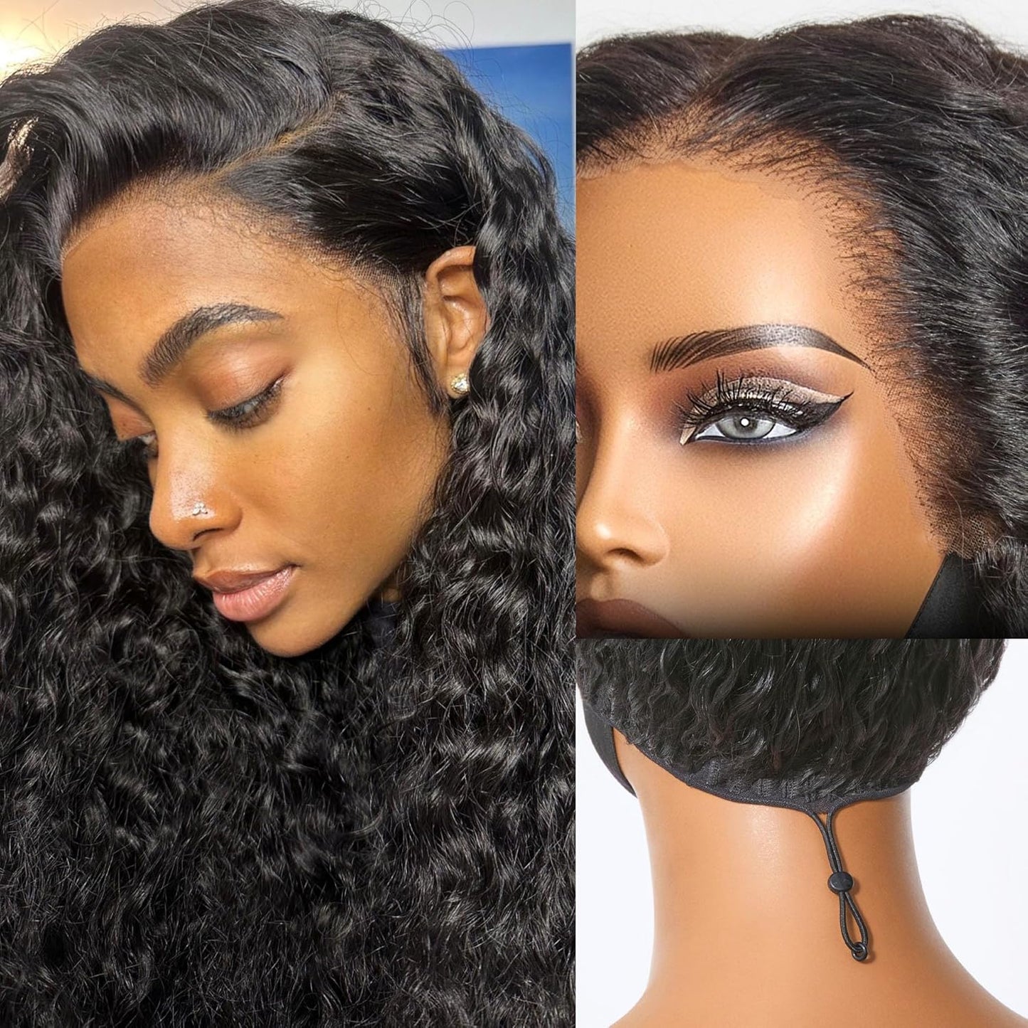Flexi-Fit Invisi Drawstring Wig 13x4 Lace Wig PreMax Lace Wigs Silky Straight Lace Front Wigs Human Hair Pre Cut Plucked Lace Frontal 18 Inches Natural Black