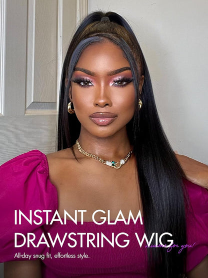 Flexi-Fit Invisi Drawstring Wig 13x4 Lace Wig PreMax Lace Wigs Silky Straight Lace Front Wigs Human Hair Pre Cut Plucked Lace Frontal 18 Inches Natural Black