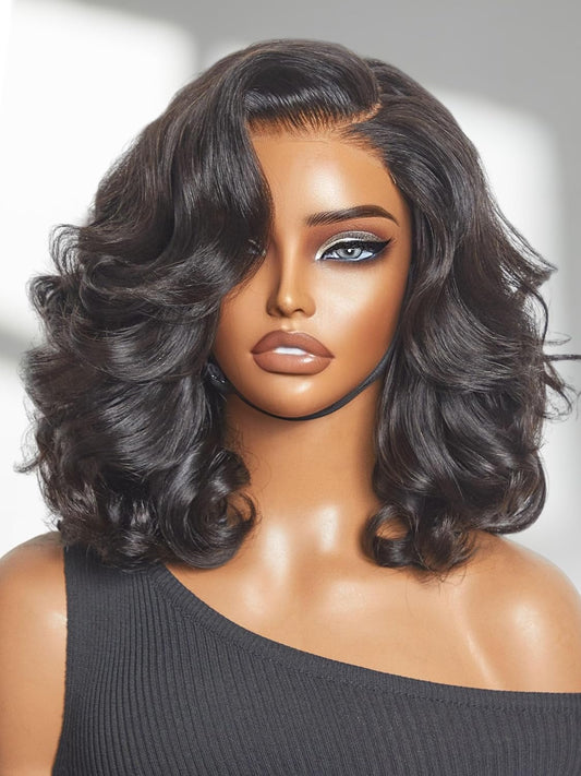 100% Human Hair Wigs Loose Wave Glueless Lace Front 14 Inches, Pre Cut Plucked Hd Lace Short Wig Ready To Go Natural Color Straight Bleached Knots Side Part Black Wigs
