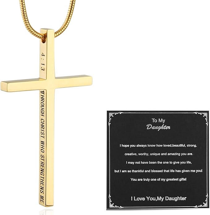 Philippians 4:13 Cross Pendant STRENGTH Bible Verse Stainless Steel Necklace