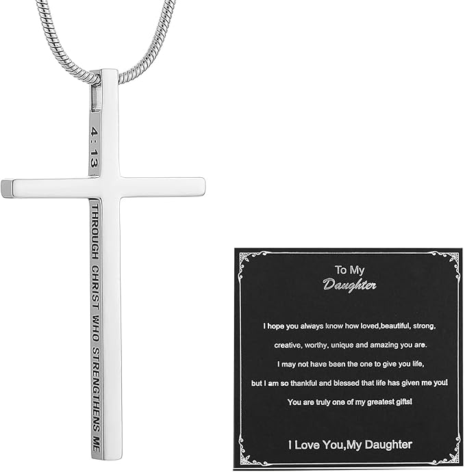 Philippians 4:13 Cross Pendant STRENGTH Bible Verse Stainless Steel Necklace