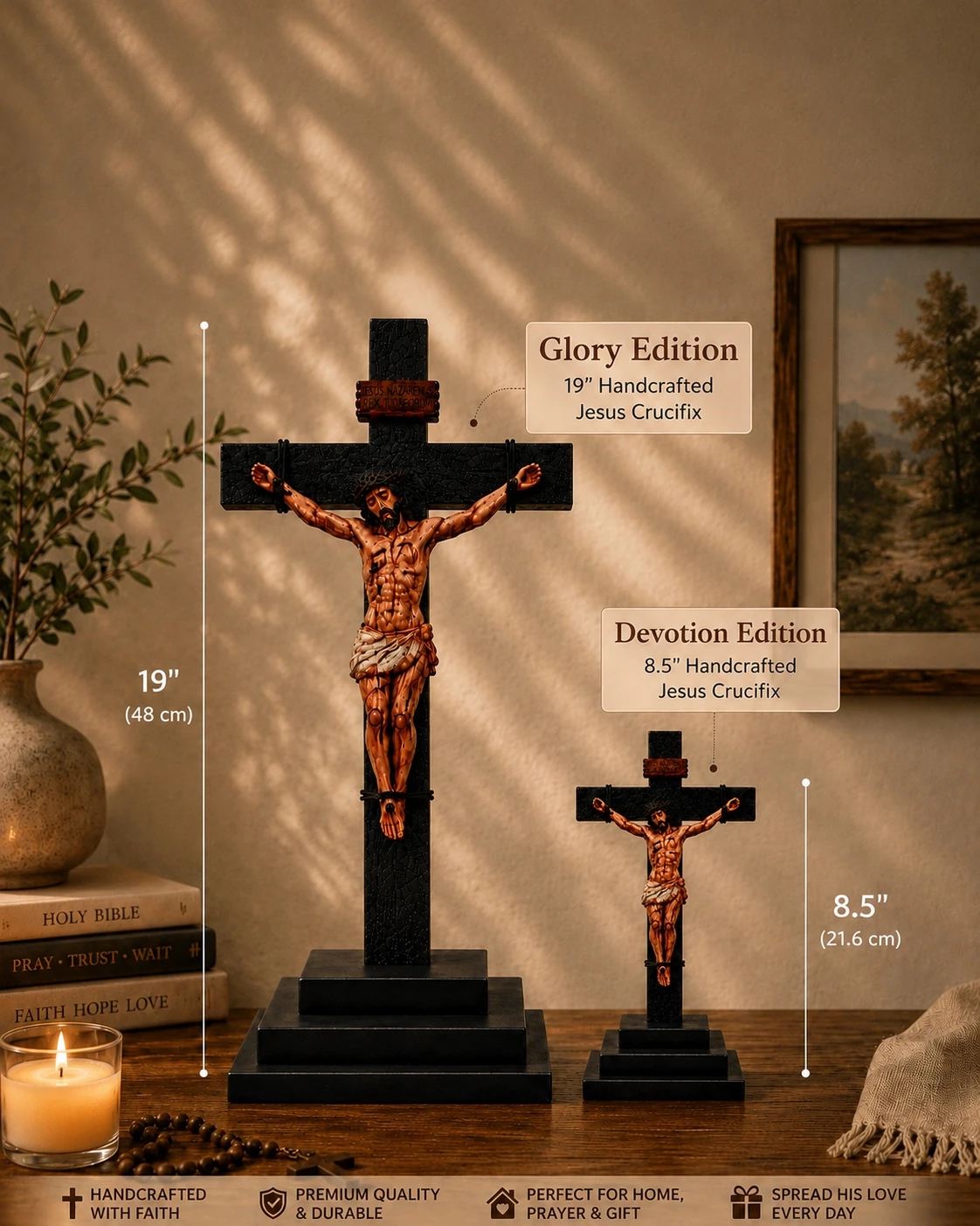 ✝️Handmade Jesus Crucifix – 8.5” & 19” Christian Wall Cross for Home & Prayer Room