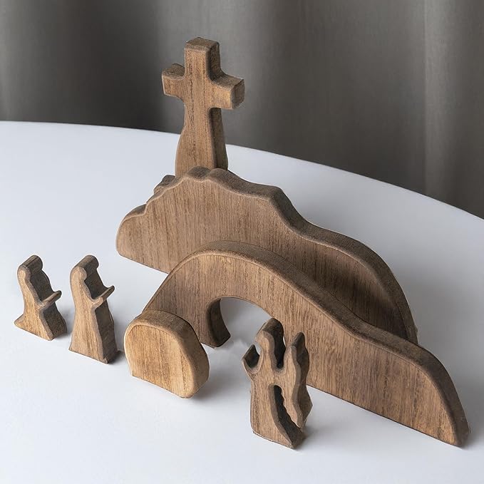 Empty Tomb Scene Decor with Cross, Wooden Jesus Tiered Tray Bundle for Home Office Tabletop