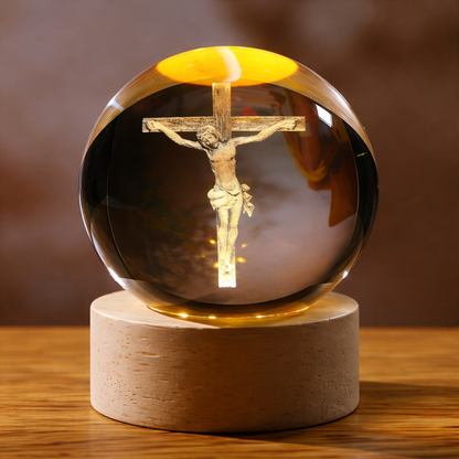 Glow Crystal Ball 3D Jesus Nativity LED Night Light with Wooden Base Perfect Christian Home