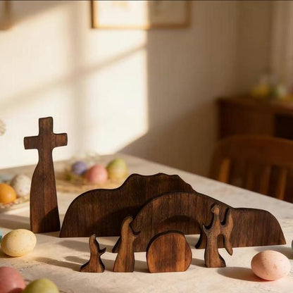 Empty Tomb Scene Decor with Cross, Wooden Jesus Tiered Tray Bundle for Home Office Tabletop