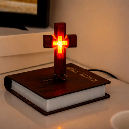 Magnetic Levitation Floating Colorful Cross LED Night Light | 360° Rotating RGB Lamp with Illuminated Wood