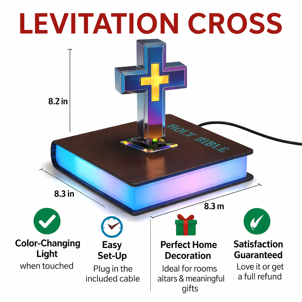 Magnetic Levitation Floating Colorful Cross LED Night Light | 360° Rotating RGB Lamp with Illuminated Wood