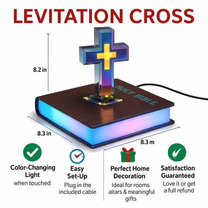 Magnetic Levitation Floating Colorful Cross LED Night Light | 360° Rotating RGB Lamp with Illuminated Wood