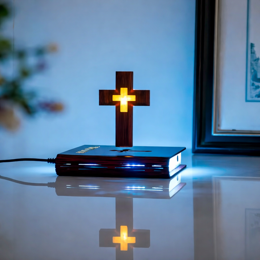 Magnetic Levitation Floating Colorful Cross LED Night Light | 360° Rotating RGB Lamp with Illuminated Wood