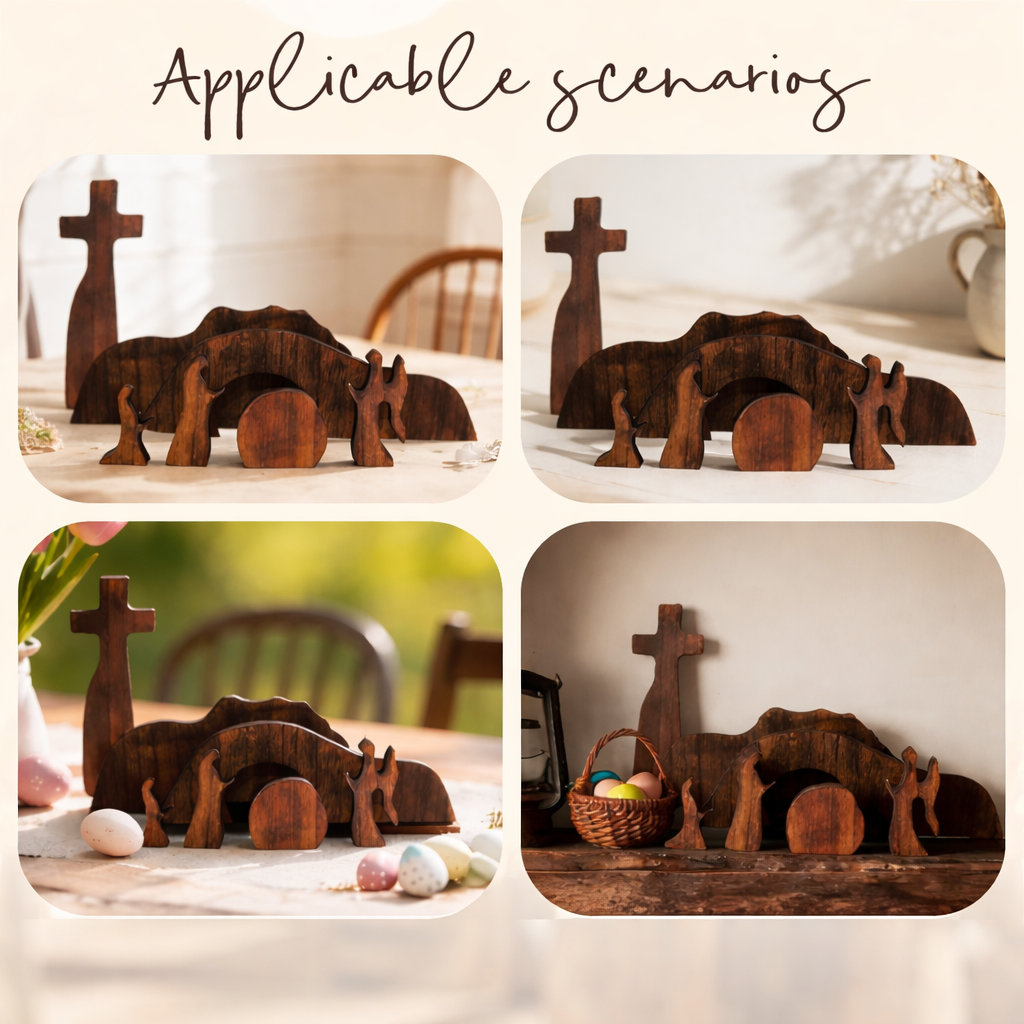 Empty Tomb Scene Decor with Cross, Wooden Jesus Tiered Tray Bundle for Home Office Tabletop