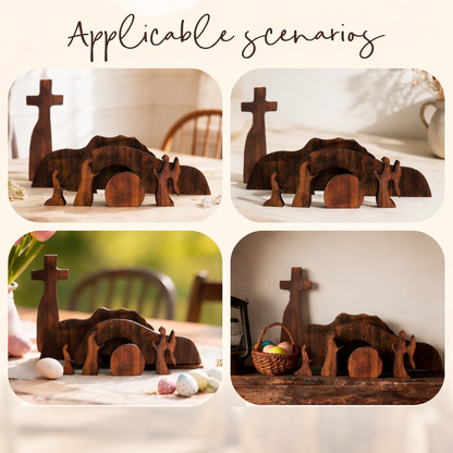 Empty Tomb Scene Decor with Cross, Wooden Jesus Tiered Tray Bundle for Home Office Tabletop