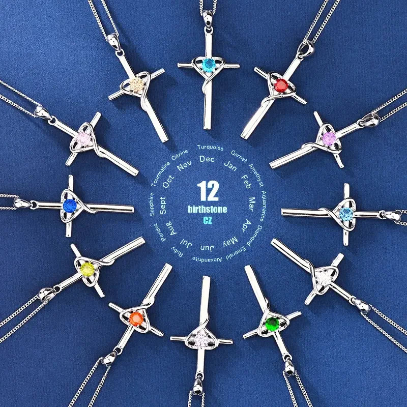 925 Sterling Silver Cross Pendant 12 Month Birthstone Jewelry Women Pendant Necklace|for all ages