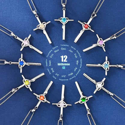 925 Sterling Silver Cross Pendant 12 Month Birthstone Jewelry Women Pendant Necklace|for all ages