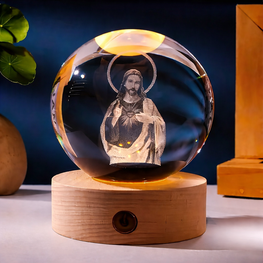 Glow Crystal Ball 3D Jesus Nativity LED Night Light with Wooden Base Perfect Christian Home